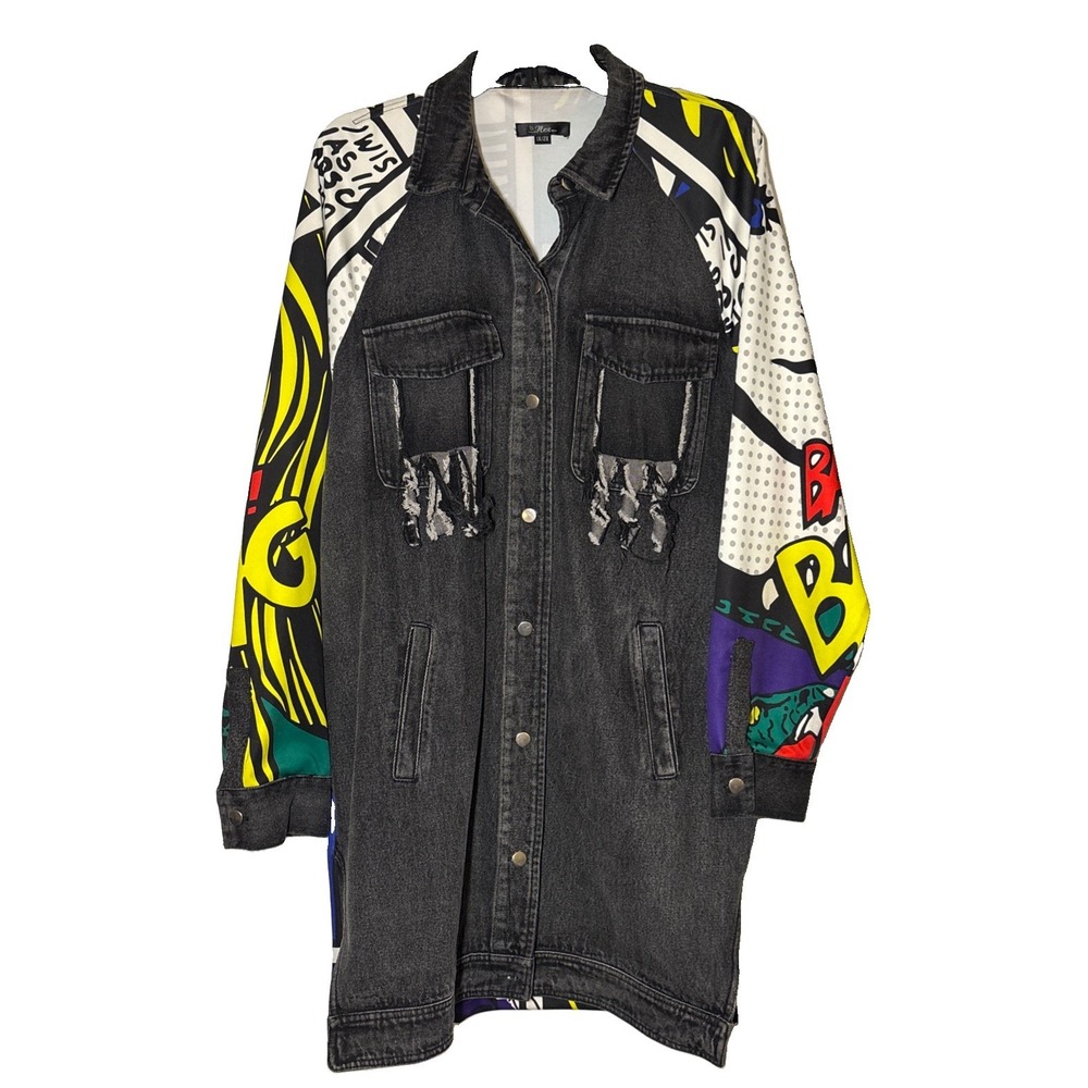 For Her NYC Denim Jacket Women's Black Excellent Pop Art Comic Print 1X/2X